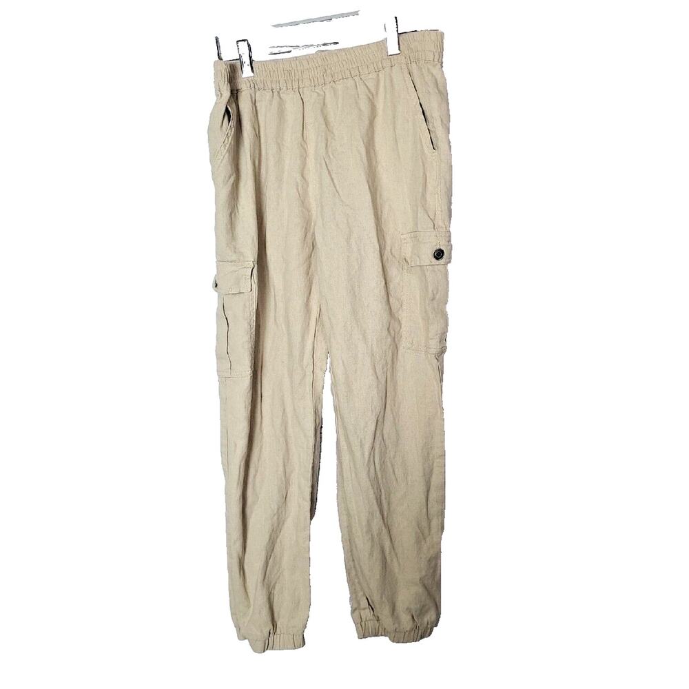 Love Tree Beige Linen Blend High Rise Elastic Waist Cargo Joggersā Womans Large